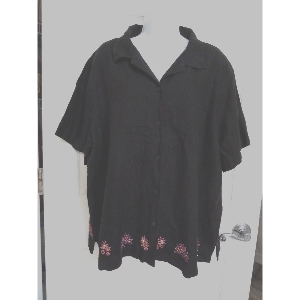 *KIM ROGERS WOMAN Sz 2X Linen/Rayon Blouse Embroidered Beaded Black Button Up*